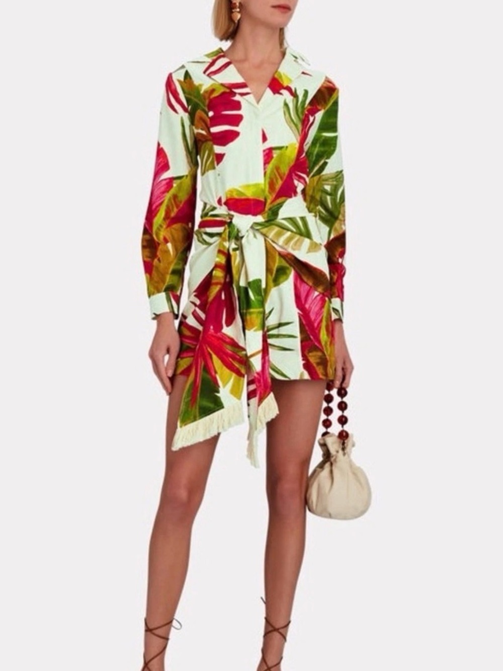 Farm Rio Spring Forest Belted Linen Blend Floral Mini Dress Beige Red